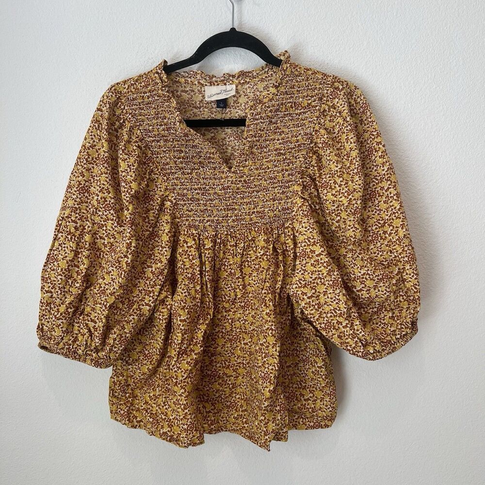 Universal Thread Womens Yellow Smocked Floral Peasant Blouse Small Boho Prairie - Picture 1 of 6